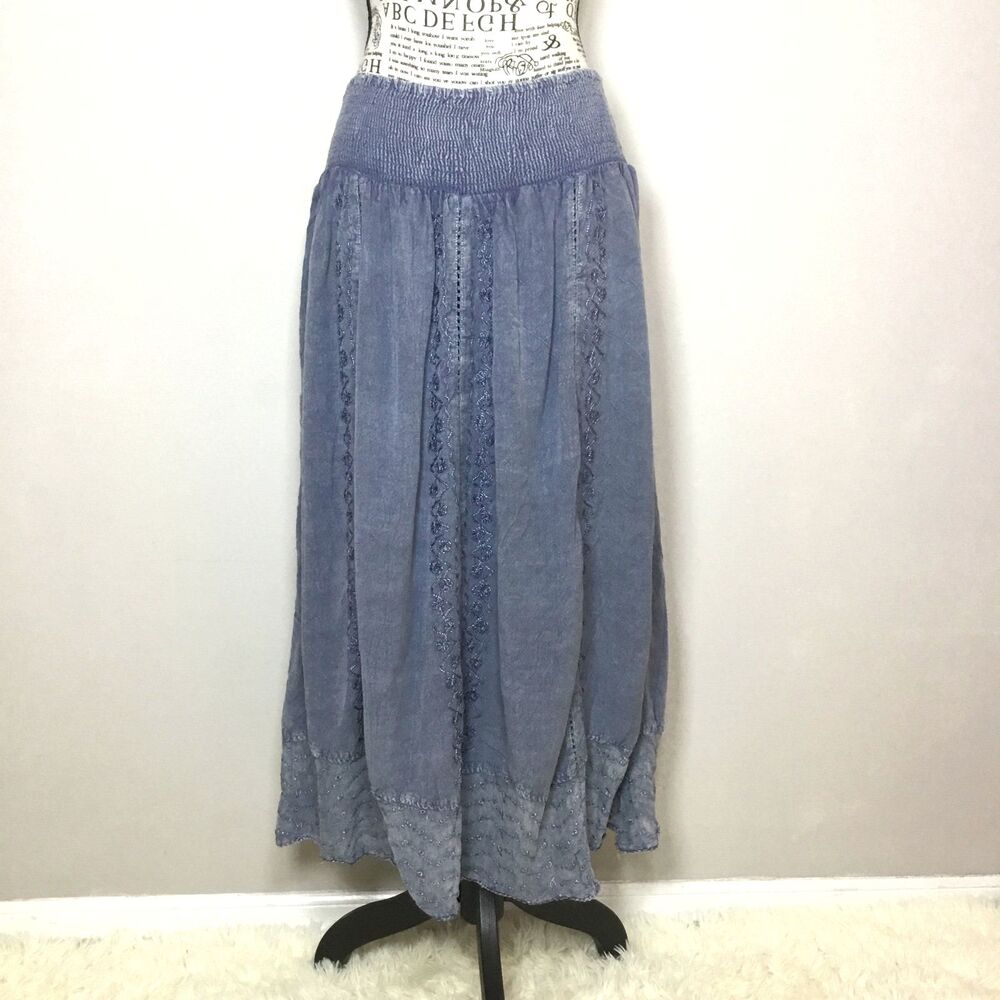 Blue smocked waist maxi skirt embroidered and perforation detail waist 28"-33" M